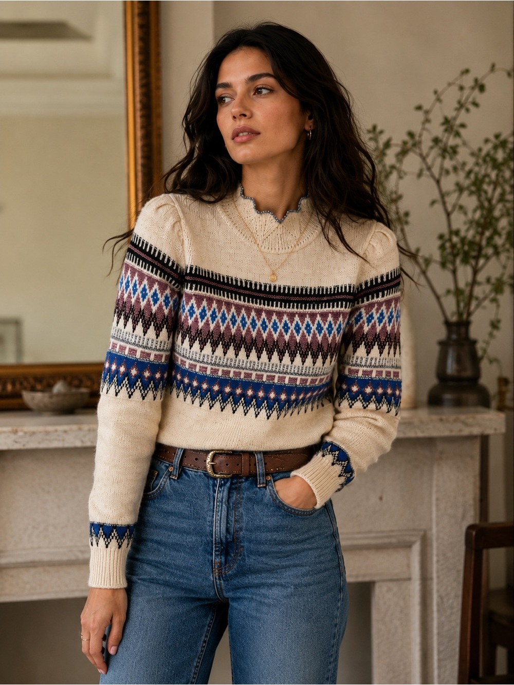 Isabel Marant Étoile Berrick Fair Isle Wool Sweater Metallic Scalloped Collar